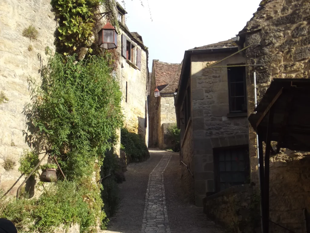 Beynac-et-Cazenac — Ruelle pavée en pente entre maisons de pierre couvertes de lierre.