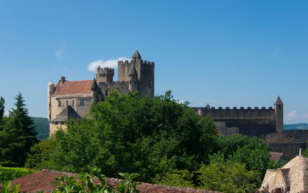 Château de Beynac — Le château de Beynac, donjon crénelé et logis, émergeant de la verdure sous un ciel bleu.