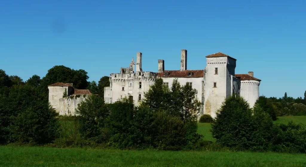 Château de Mareuil — le château de Mareuil vu de loin, entre arbres et prairie