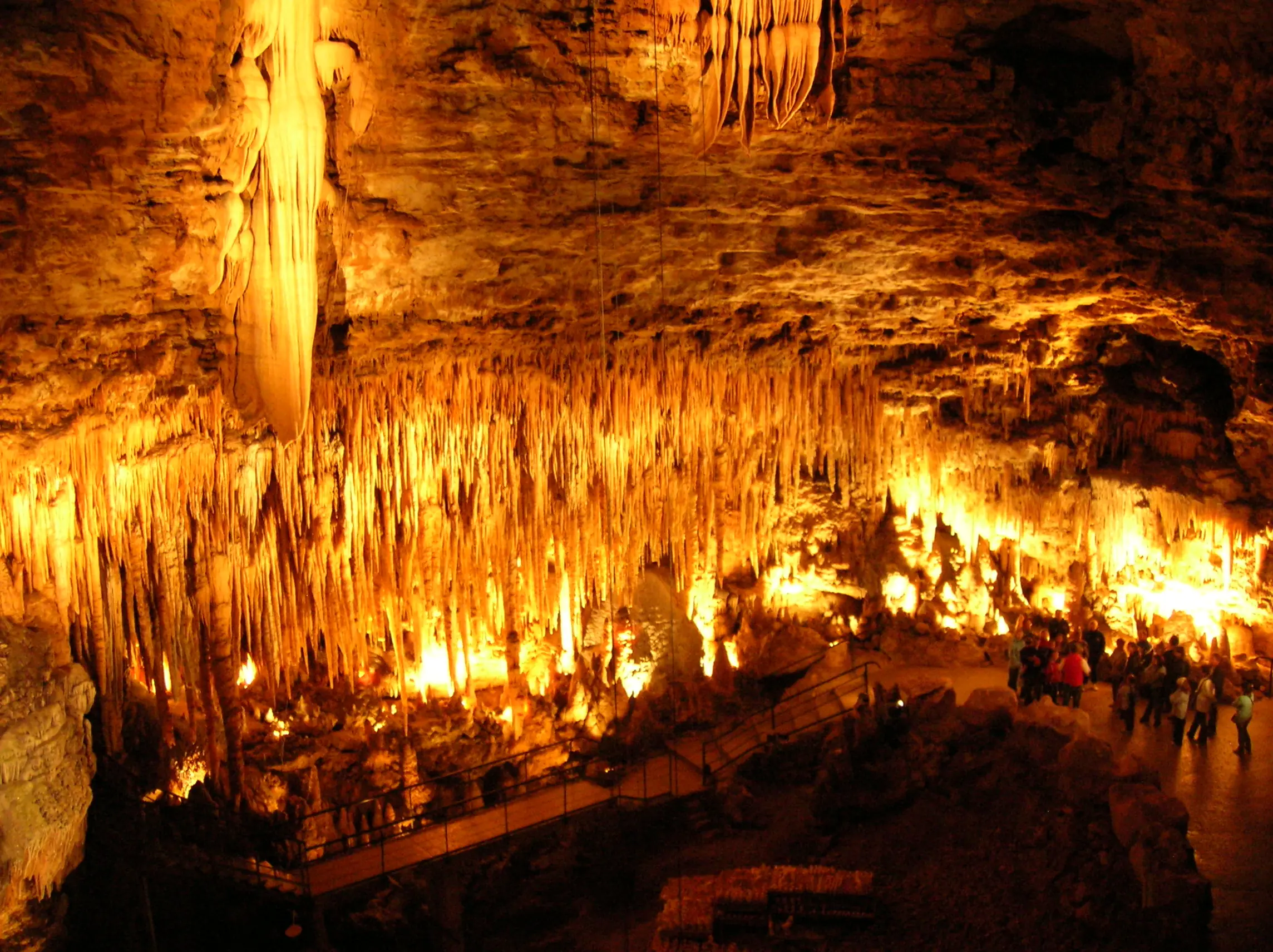 Gouffre de Proumeyssac — La « cathédrale de cristal » : draperies et forêt de stalactites éclairées.