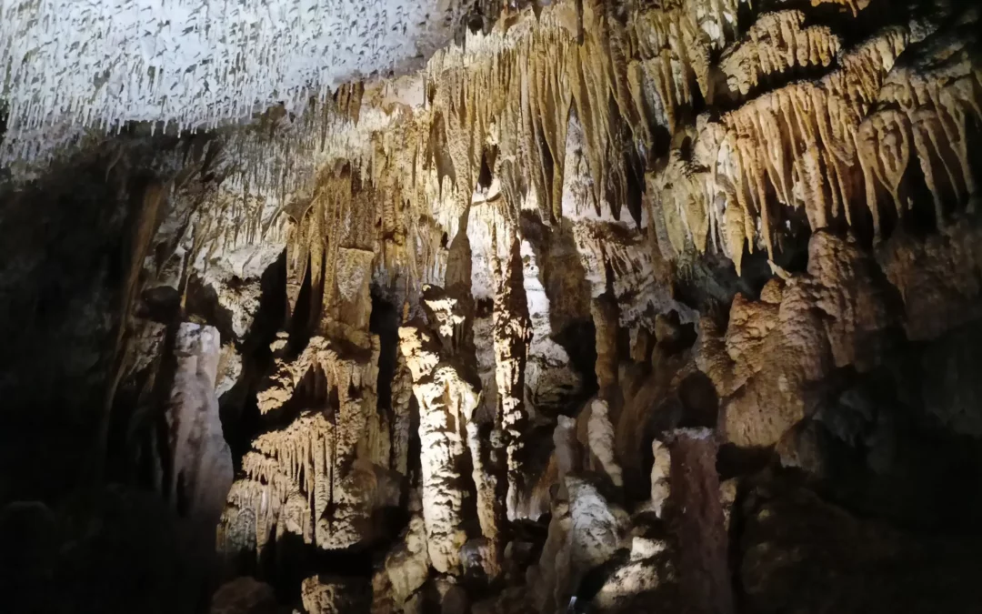 Grotte de Domme — draperies et stalactites éclairées dans la grotte de Domme, sous la bastide