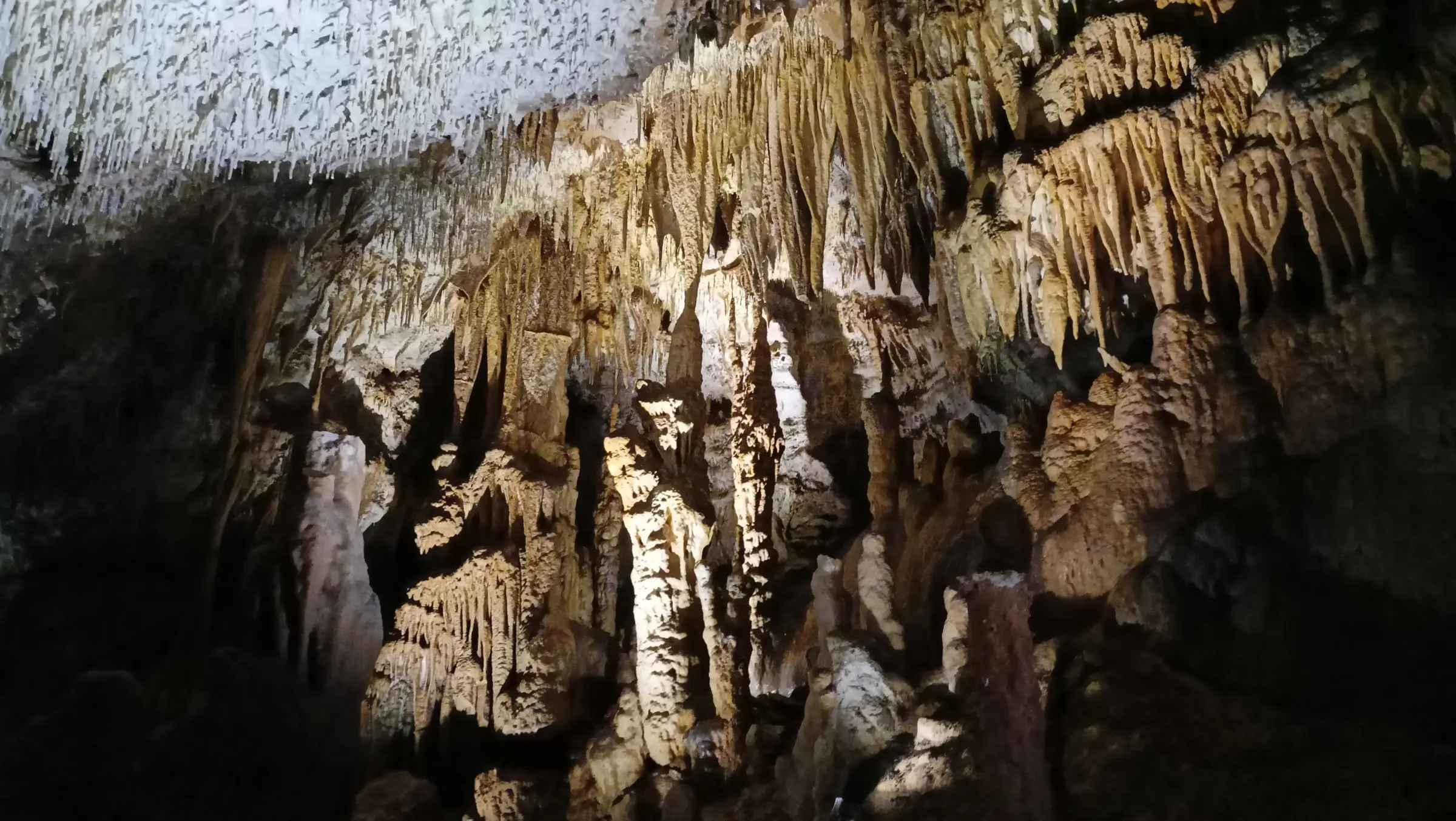 Grotte de Domme — draperies et stalactites éclairées dans la grotte de Domme, sous la bastide