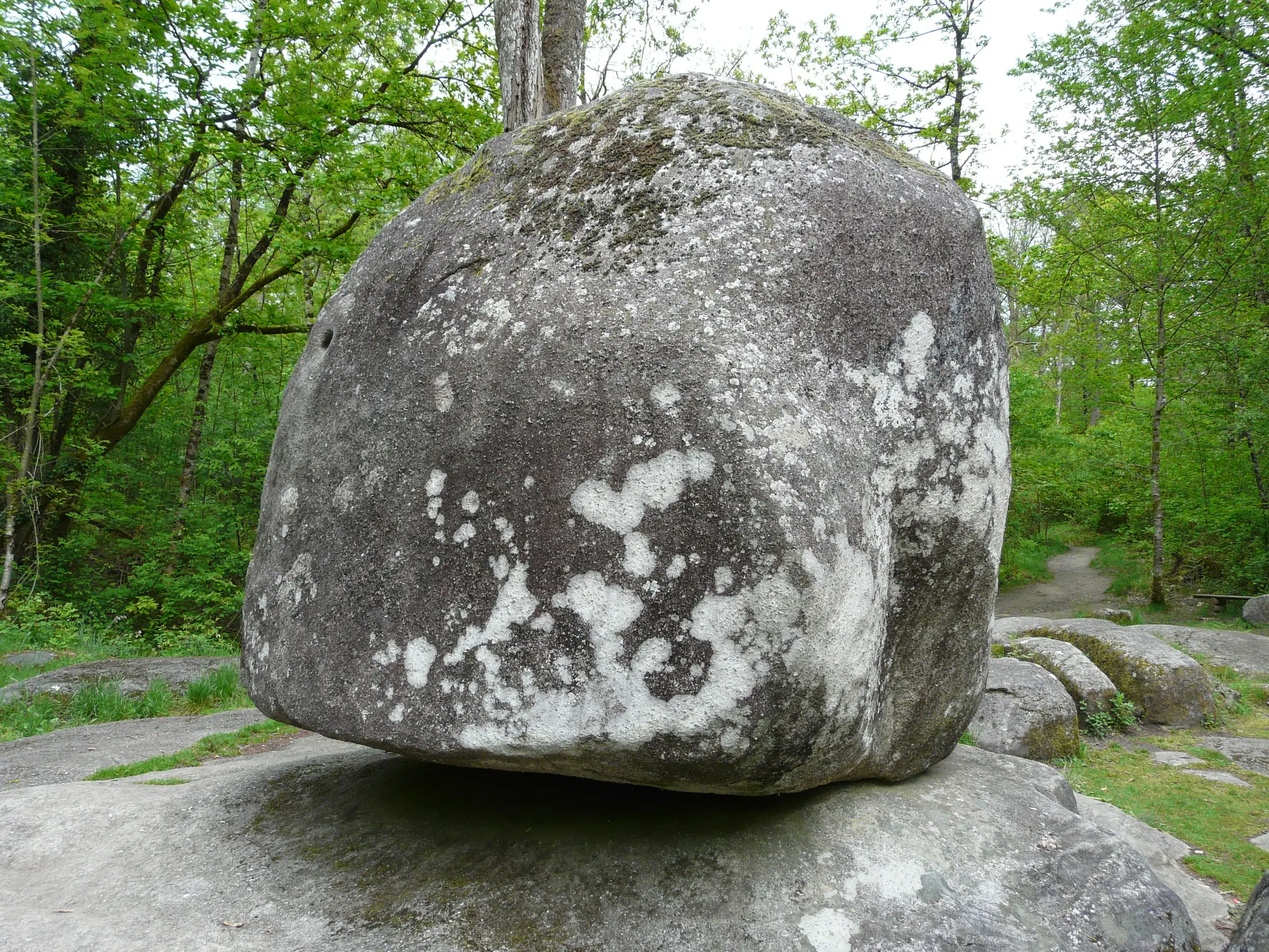 Roc Branlant et grand étang de Saint-Estèphe — le Roc Branlant, bloc de granite en équilibre sur la dalle, dans le sous-