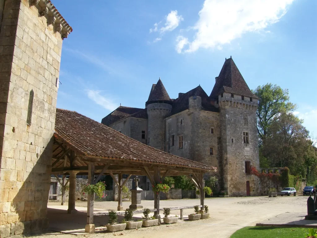 Saint-Jean-de-Côle — château de la Marthonie et la halle