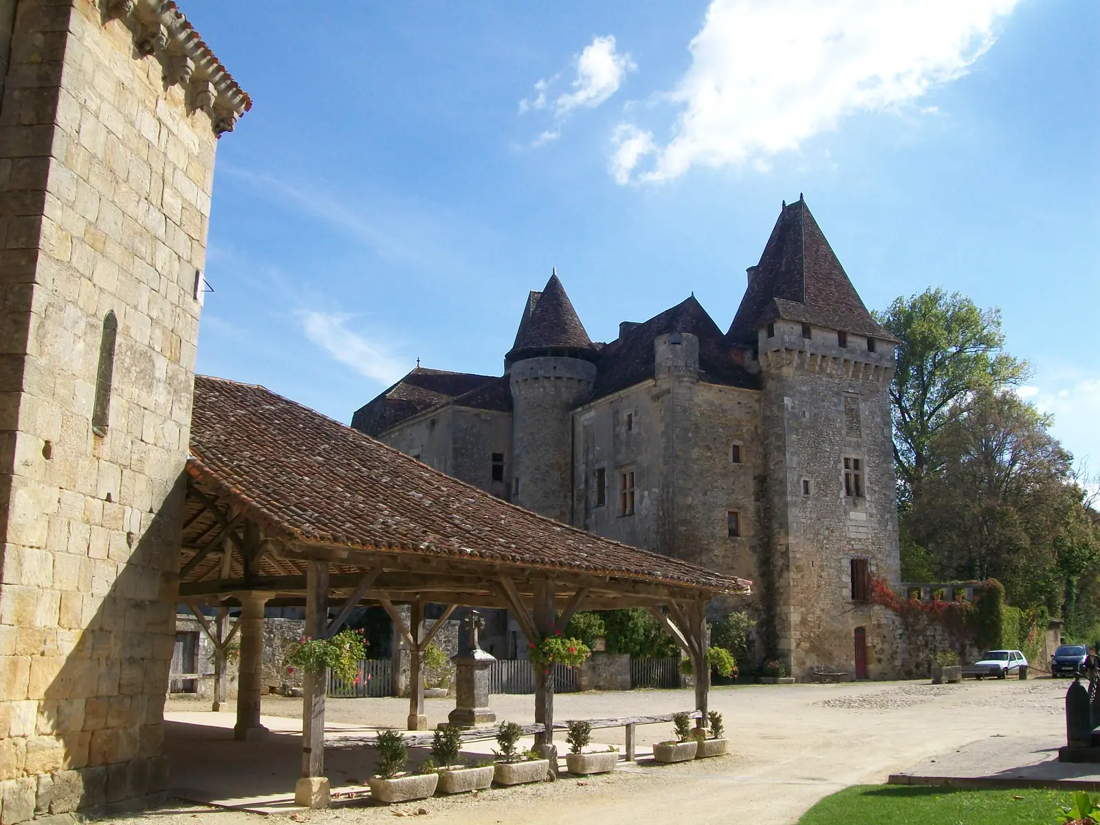 Saint-Jean-de-Côle — château de la Marthonie et la halle
