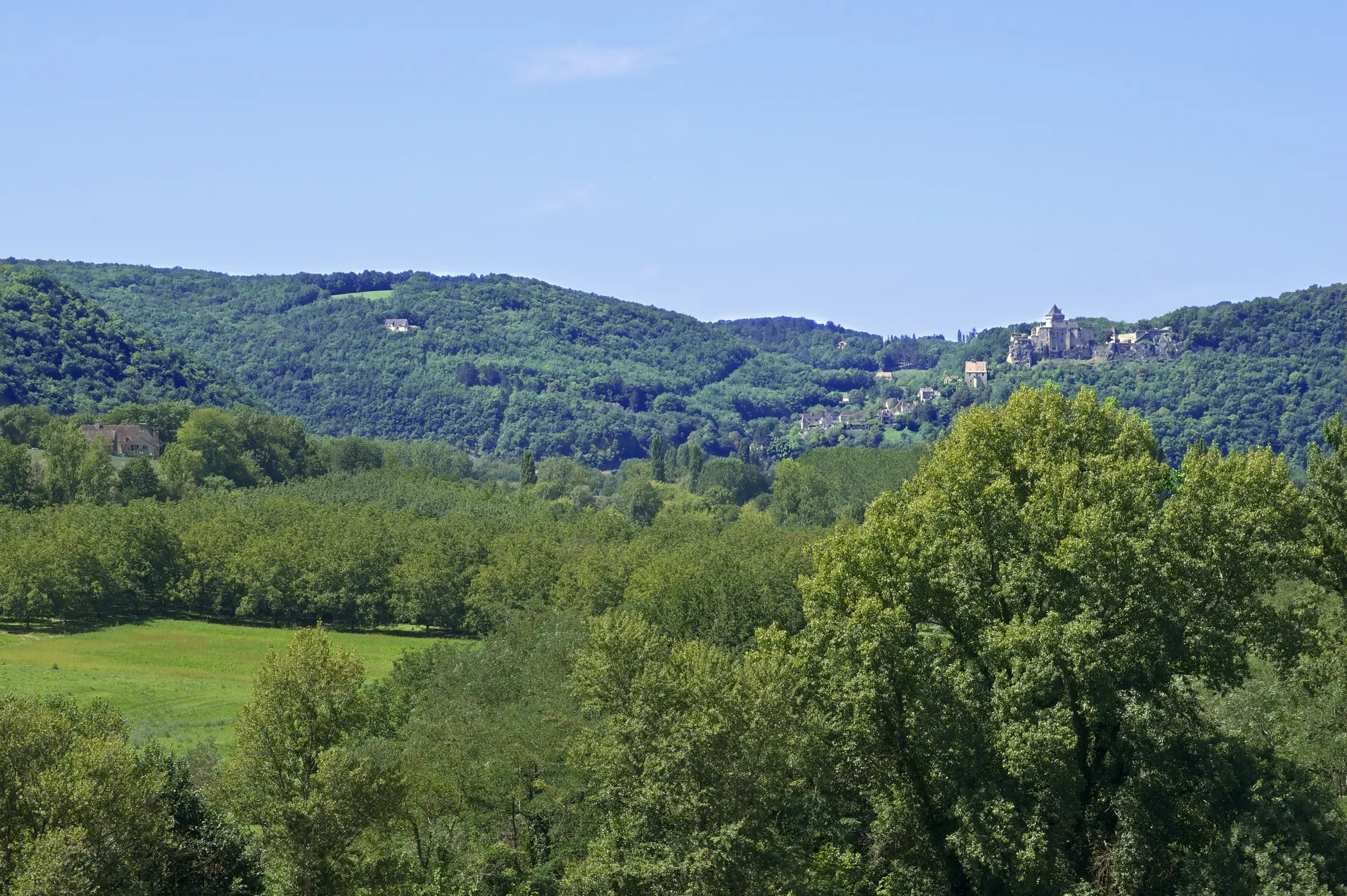 Périgord Noir — Paysage typique du Périgord noir : collines boisées de chênes, vues depuis La Roque-Gageac vers Castelna