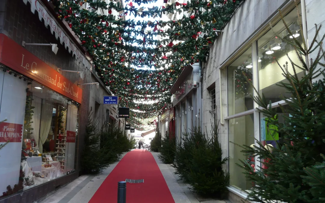 Rue Saint-Silain à Périgueux sous les guirlandes de Noël, bordée de sapins